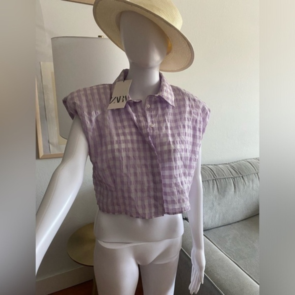 Zara Gingham Purple Cottagecore Cropped Shirt L